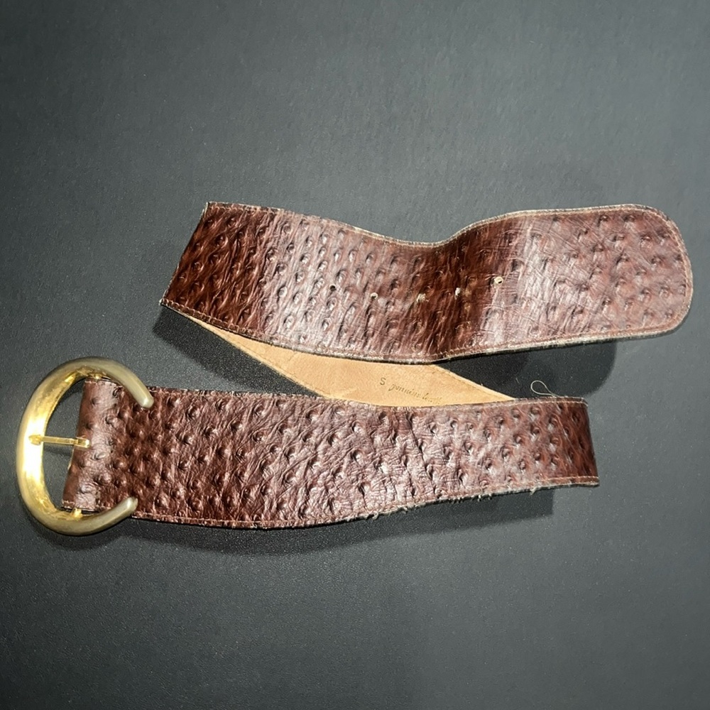 Vintage genuine USA made brown ostrich print belt with brass hardware